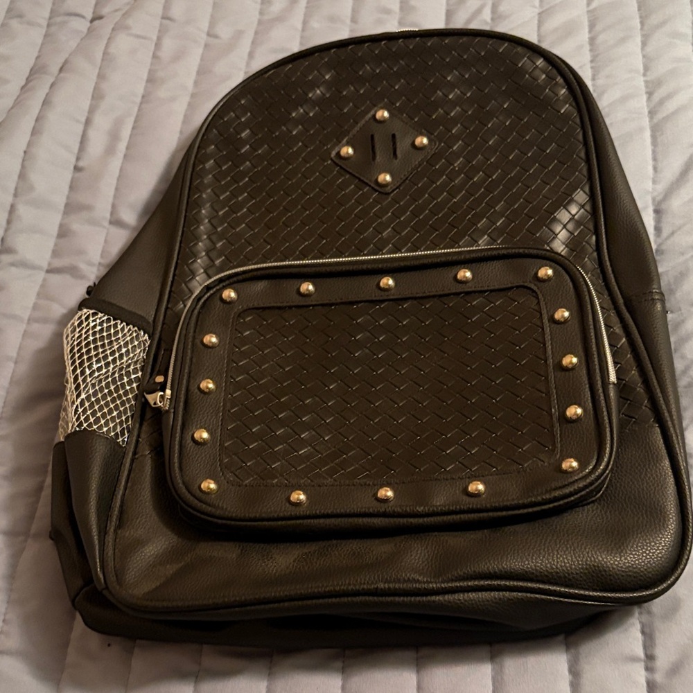 Unisex Black Studded Woven-Accent Backpack